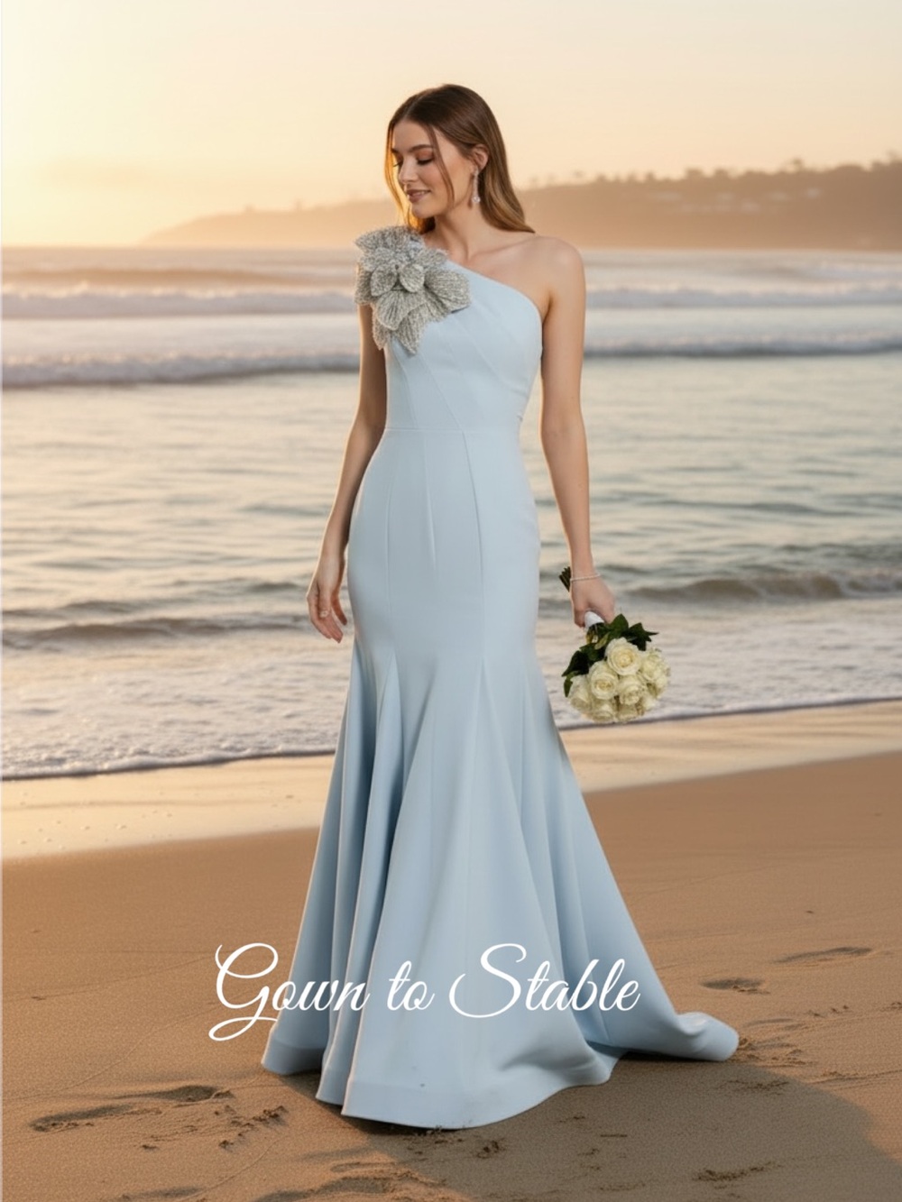 Mac Duggal Blue Crepe One Shoulder Gown With Crystal Flower 11810